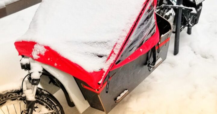 Snow covered cargo bike Oslo Norway
